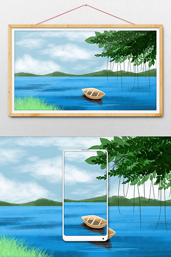 清新小船水彩背景风景手绘夏日背景海边图片