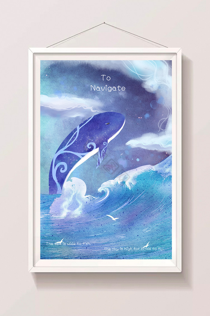 大海鲸鱼海浪白云插画图片