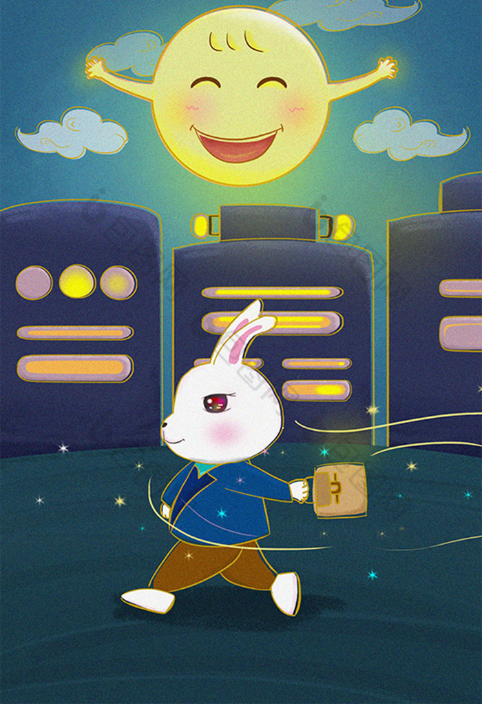 中秋可爱兔子下班回家梦幻插画