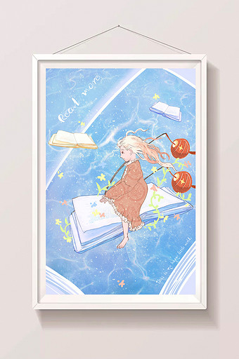 蓝色少女红灯笼中国元素书的海洋插画图片