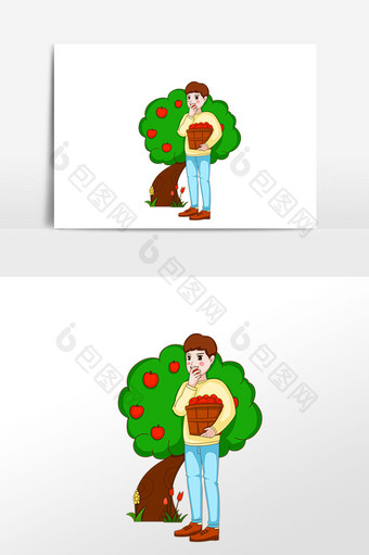 手绘秋季人物摘果实插画素材图片