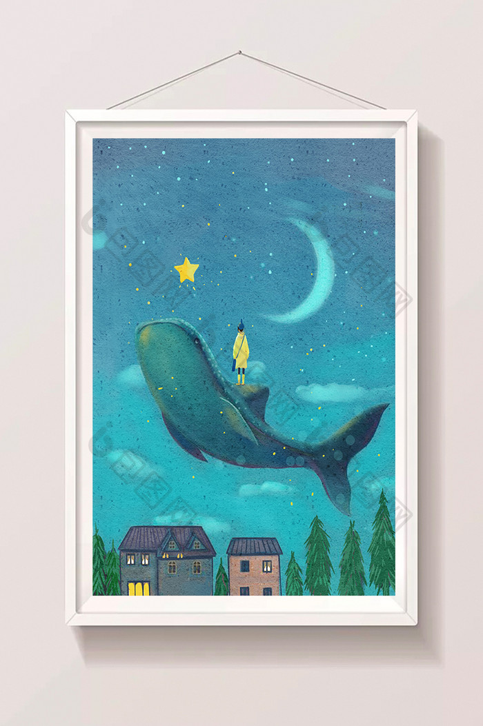 清新蓝色鲸鱼少女星星月亮夜景唯美插画