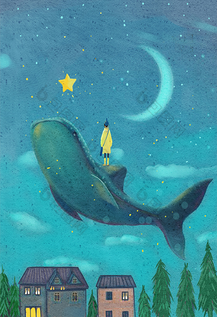 清新蓝色鲸鱼少女星星月亮夜景唯美插画