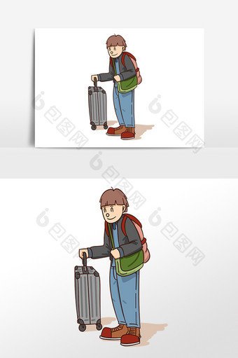 手绘上学季男孩行李插画素材图片