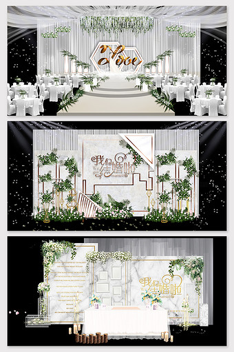 现代简约白绿色森系唯美婚礼舞台效果图图片