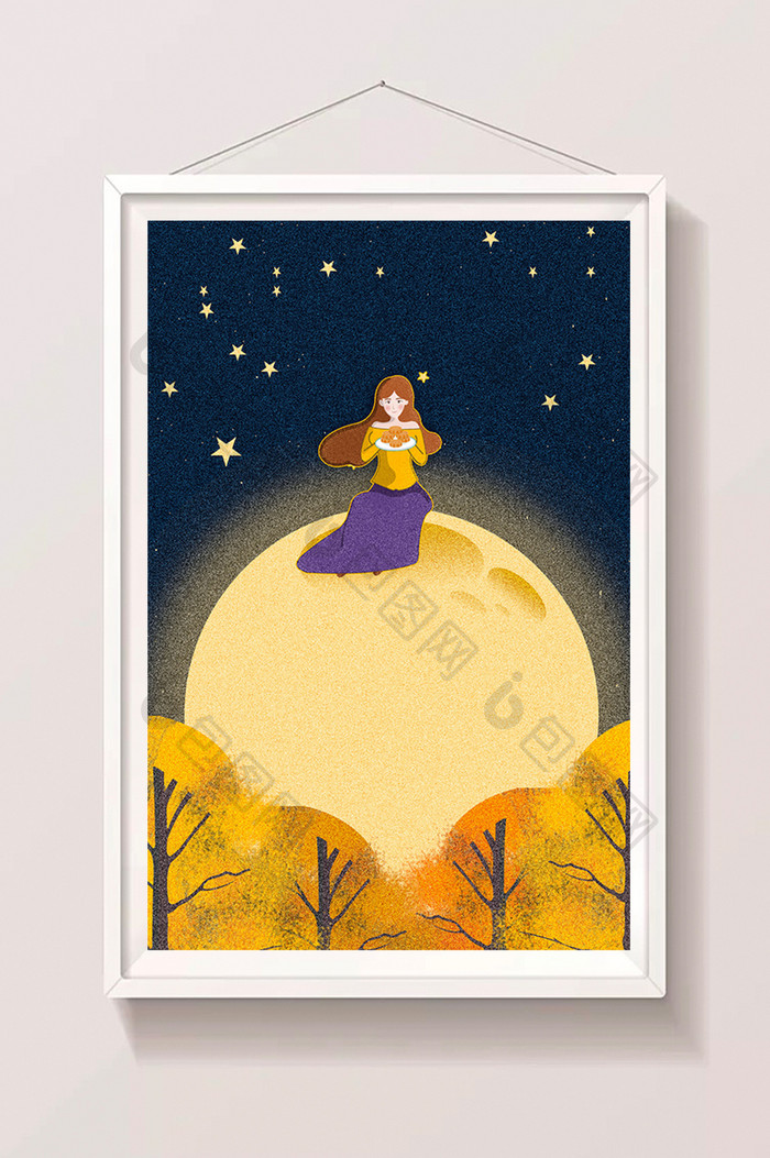 中秋节坐在月亮上的女孩插画