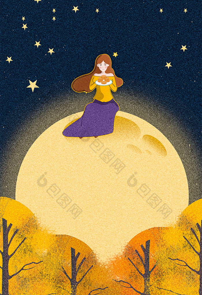 中秋节坐在月亮上的女孩插画