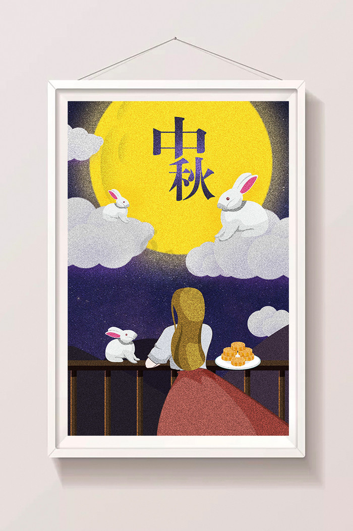 中秋节女孩阳台插画图片