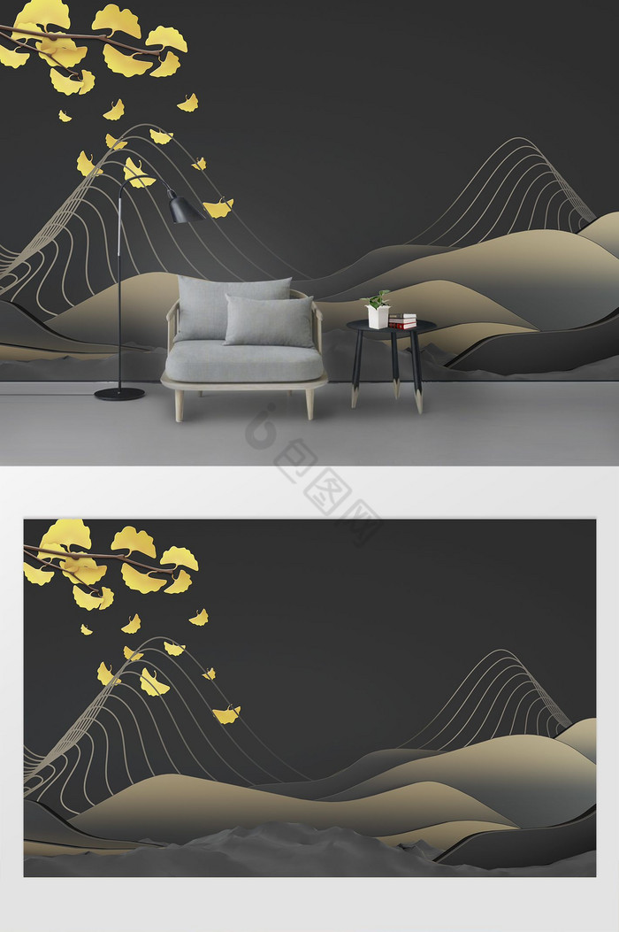 现代金色秋叶抽象山峦浮雕背景墙图片