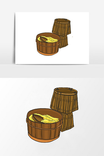 淡彩颜色国画的箩筐木桶元素图片