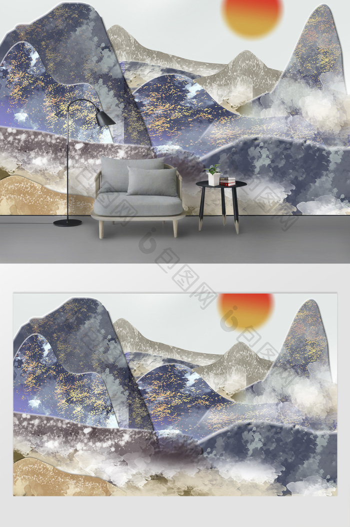 现代抽象雪山山峰浮雕背景墙效果图-【包图网】