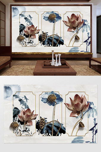 中式古典3d莲花莲蓬水墨玉石背景墙图片