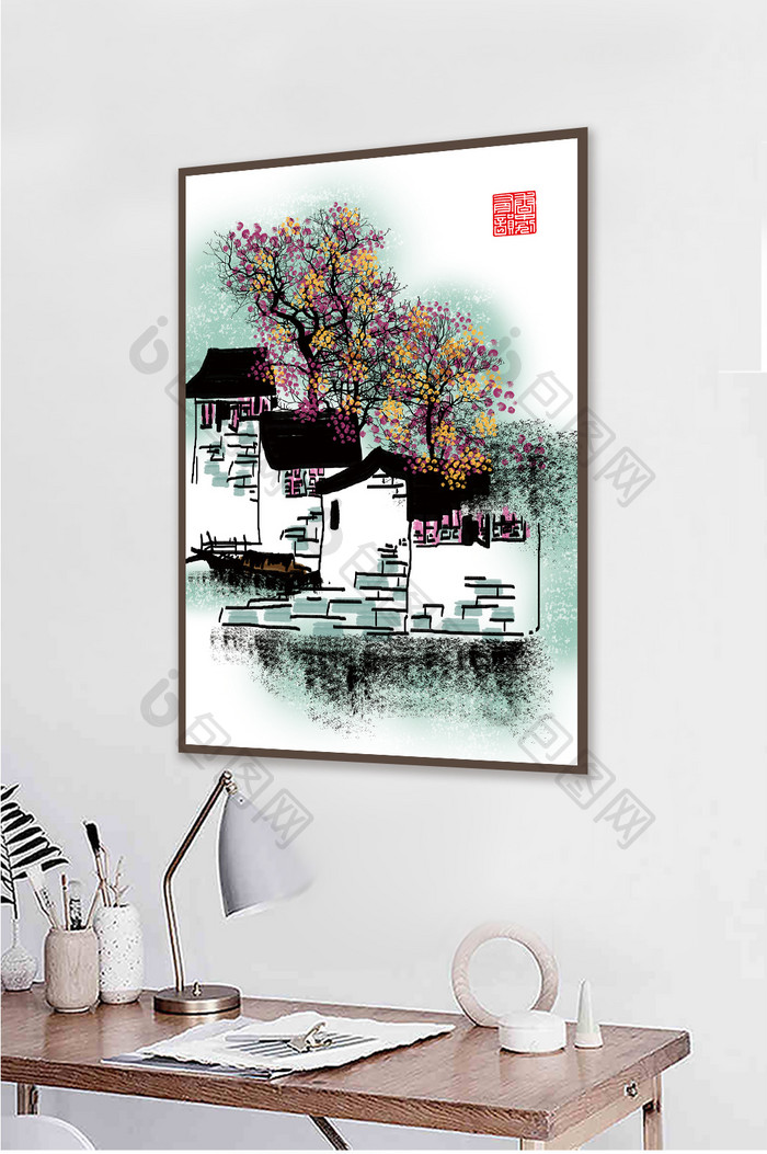 中国风民俗文艺水墨淡彩风景书房客厅装饰画