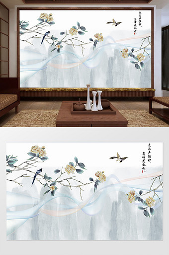 中式水墨山水花鸟拼花手绘硬装电视机背景墙图片