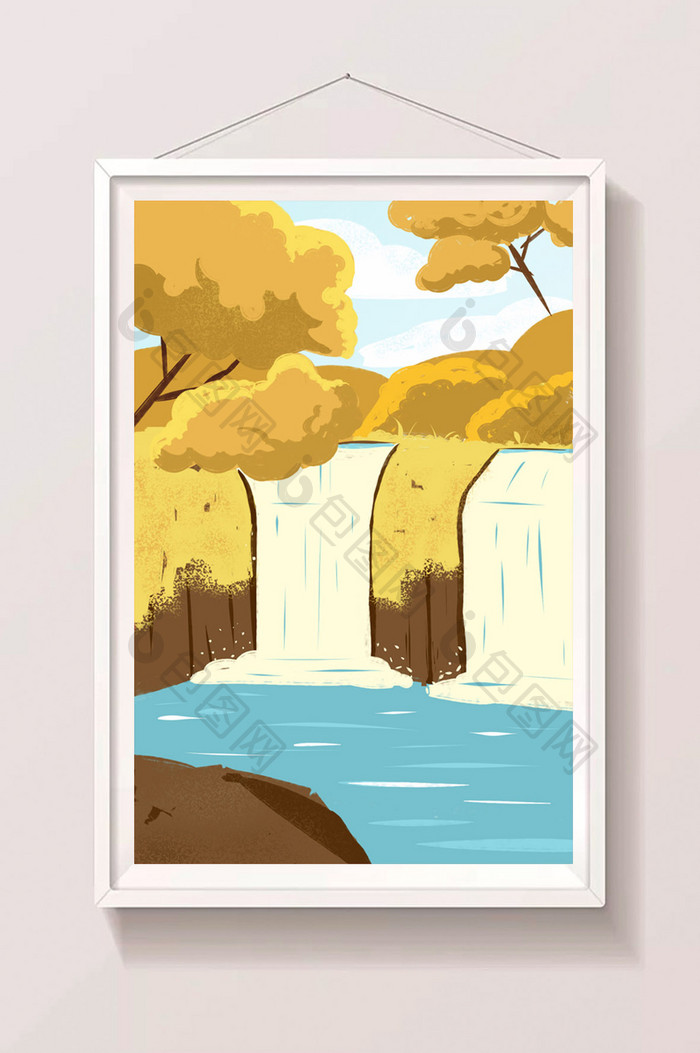 秋季黄色金色树叶小溪插画背景