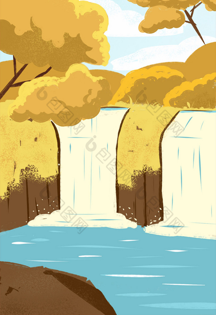 秋季黄色金色树叶小溪插画背景