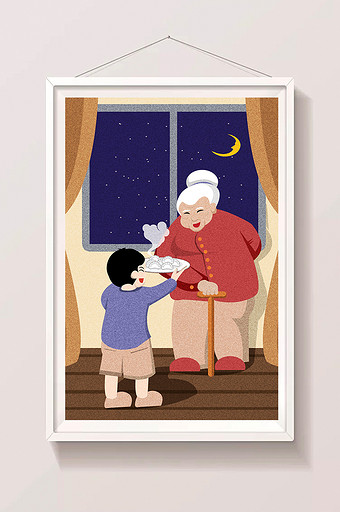 卡通风格小男孩给奶奶送饺子插画图片