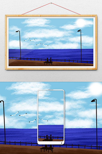 清新水彩路灯背景风景手绘夏日背景海边图片