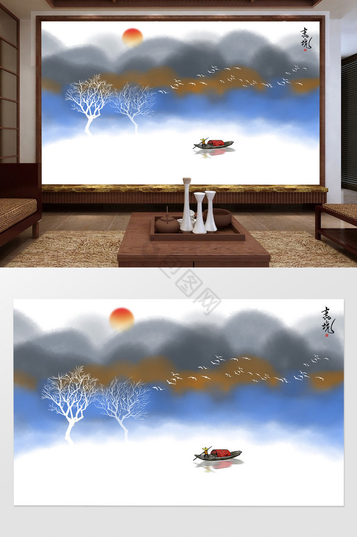新中式意境水墨山水画背景墙壁纸图片