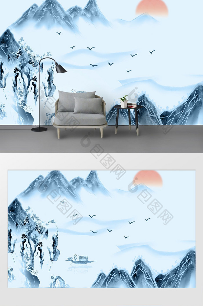 新中式手绘蓝色水墨山水画背景墙