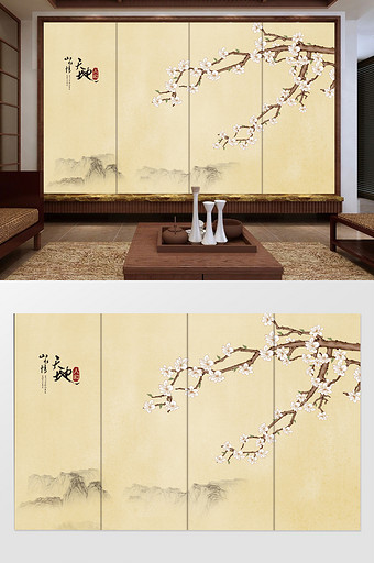 原创现代新中式手绘工笔花鸟背景墙装饰画图片
