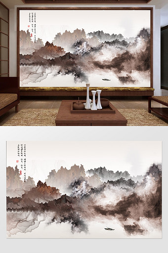 中式抽象线条飞鸟水墨山水天地人和背景墙图片