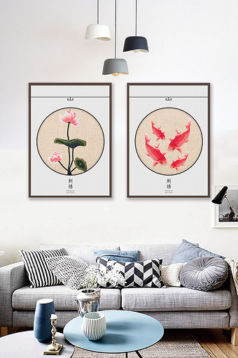 中国风刺绣荷花鲤鱼二联装饰画图片