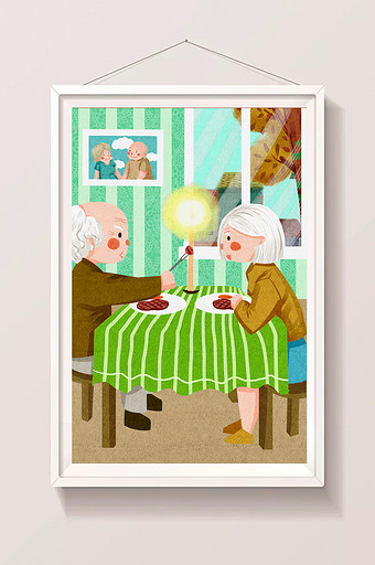 绿色可爱老年人生活场景老年夫妻插画图片