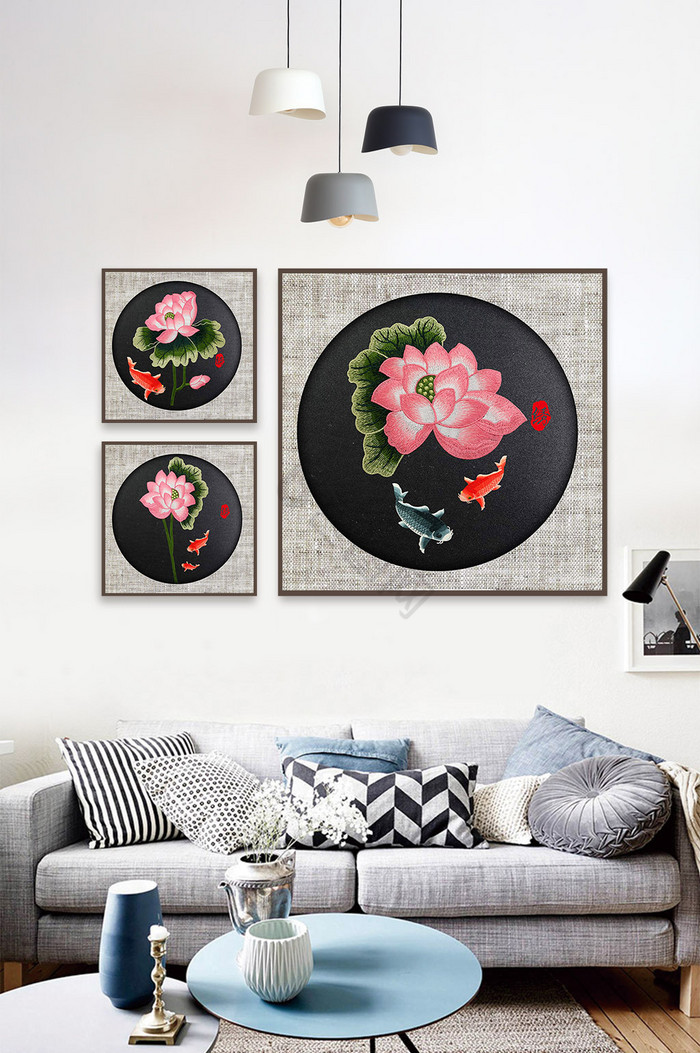 刺绣荷花游鱼三联方形装饰画