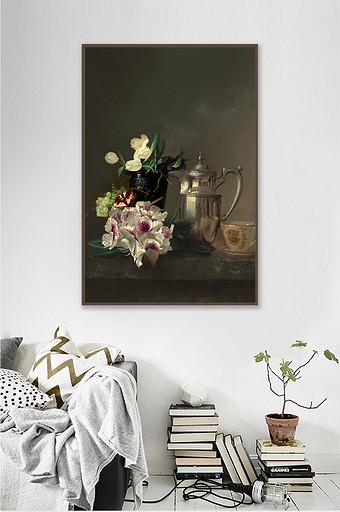 北欧装饰画静物花朵水壶花瓶装饰画素材图片