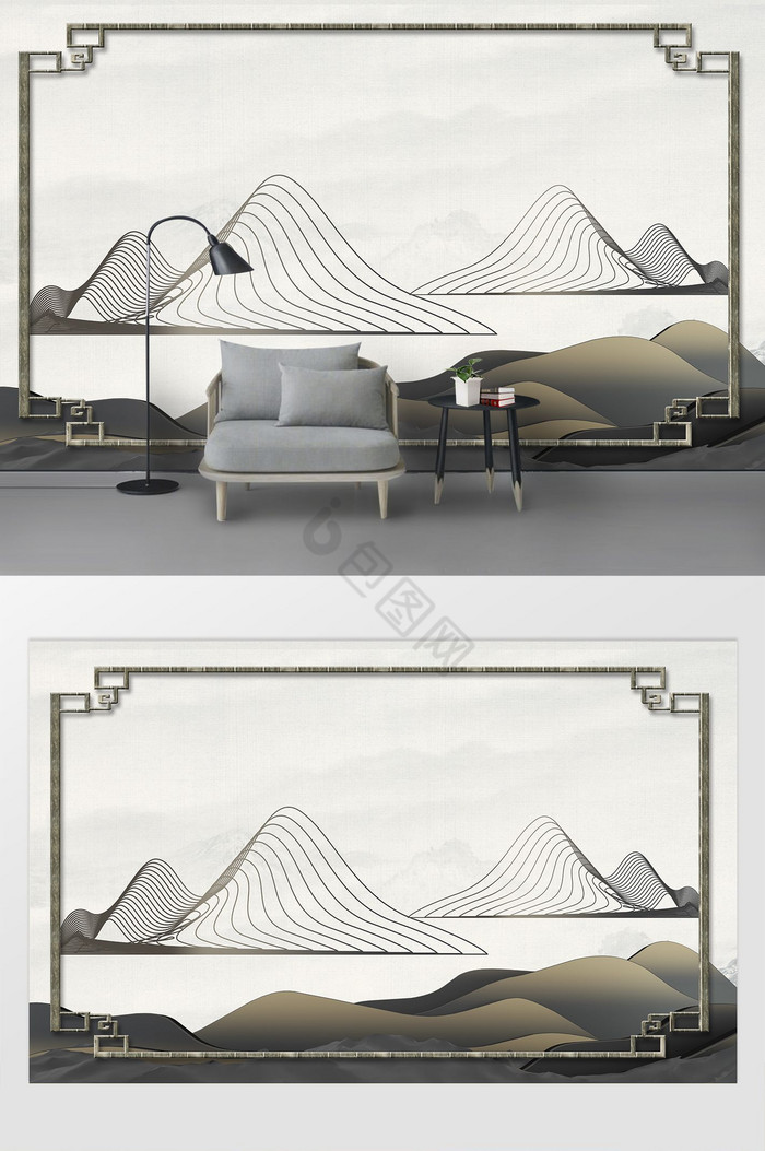 现代唯美简约新中式立体山水飞鸟禅意背景墙图片