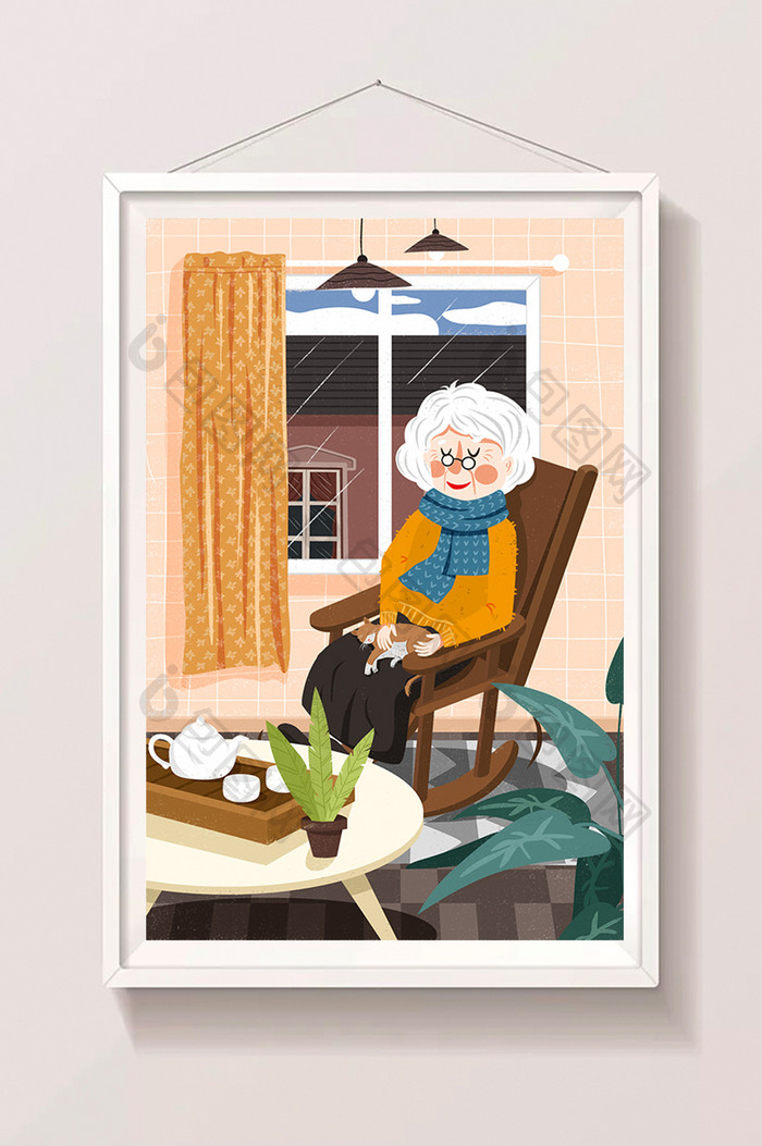 温馨老年生活插画老奶奶坐摇椅上撸猫插画