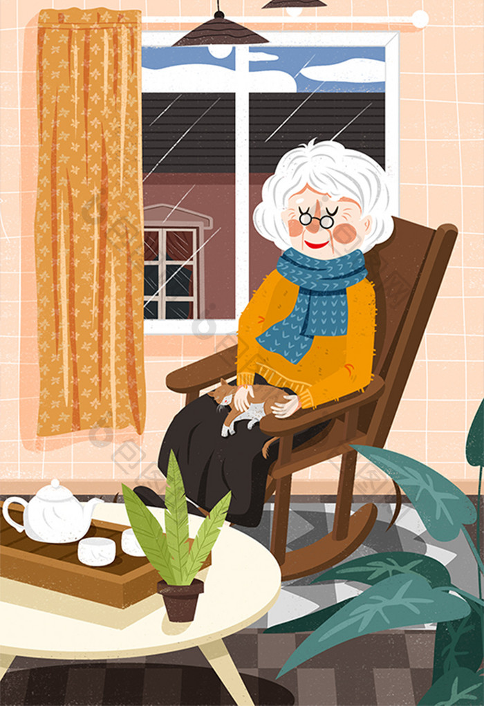 温馨老年生活插画老奶奶坐摇椅上撸猫插画