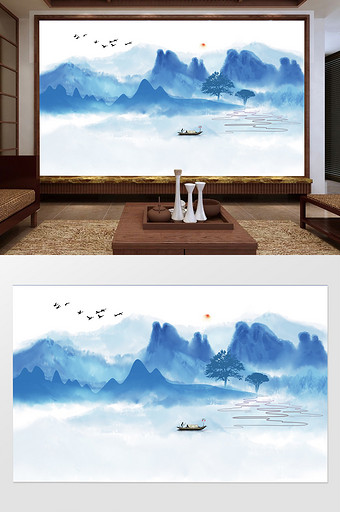 新中式水墨山水飞鸟客厅抽象蓝色电视背景墙图片