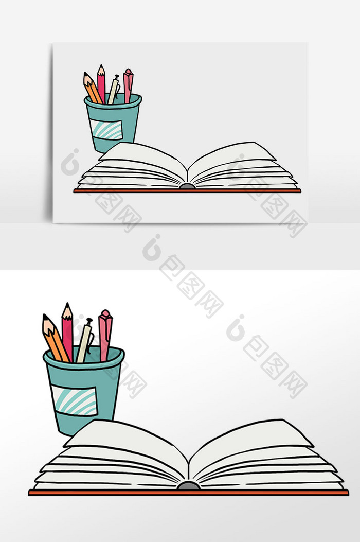 手绘学生用品书本笔筒插画元素