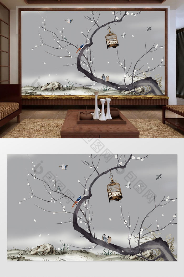 新中式手绘梅花工笔花鸟鸟笼电视机背景墙装图片图片