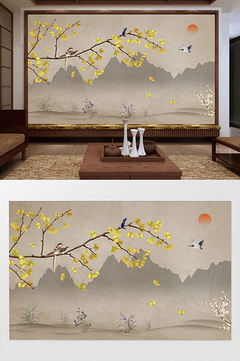 新中式手绘银杏花工笔花鸟电视机背景墙图片