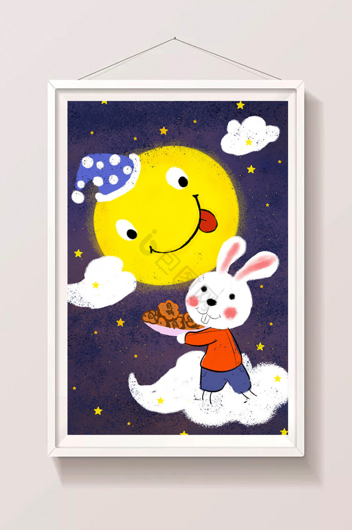 玉兔中秋祭月夜空颗粒质感插画图片