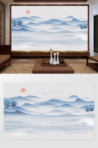 新中式蓝色水墨山水背景墙图片
