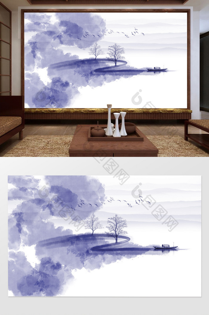 新中式蓝色意境抽象水墨山水画背景墙