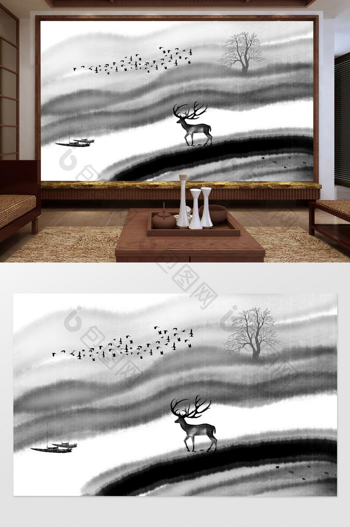 新中式抽象水墨麋鹿山水背景装饰画