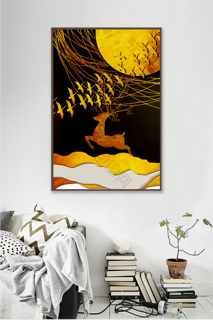 新中式抽象金色线条飞鸟麋鹿玄关装饰画图片