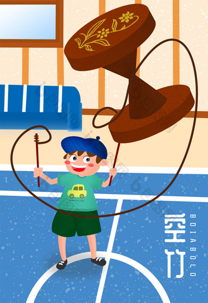 中国文化空竹男孩插画