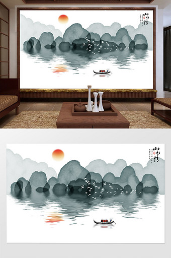 新中式简约写意山水画背景壁画图片