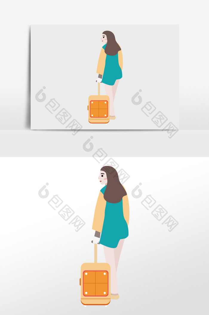 小清新可爱人物旅行行李箱插画元素