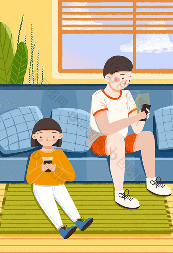 清新简约社会现象低头族玩手机插画