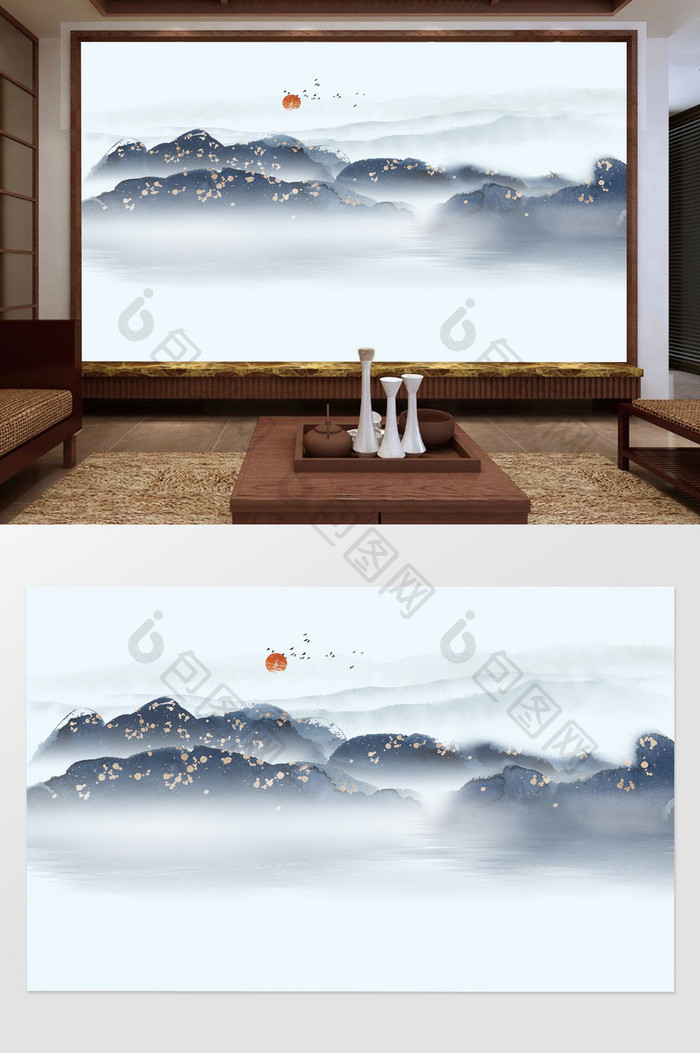 中国水墨山水蓝色电视背景墙