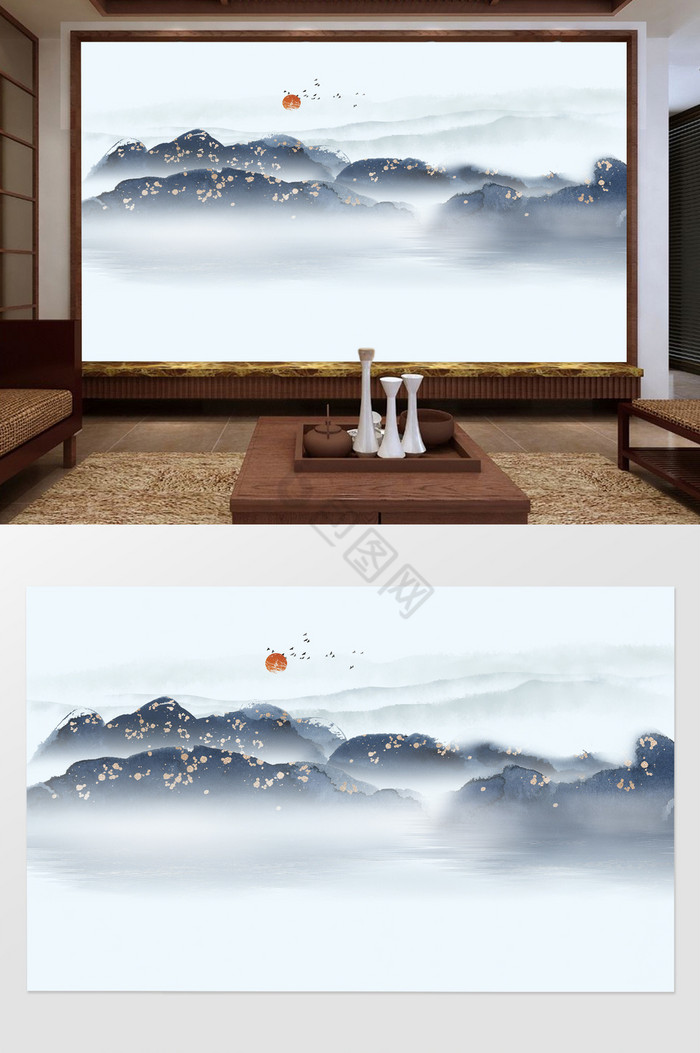 中国水墨山水蓝色电视背景墙图片
