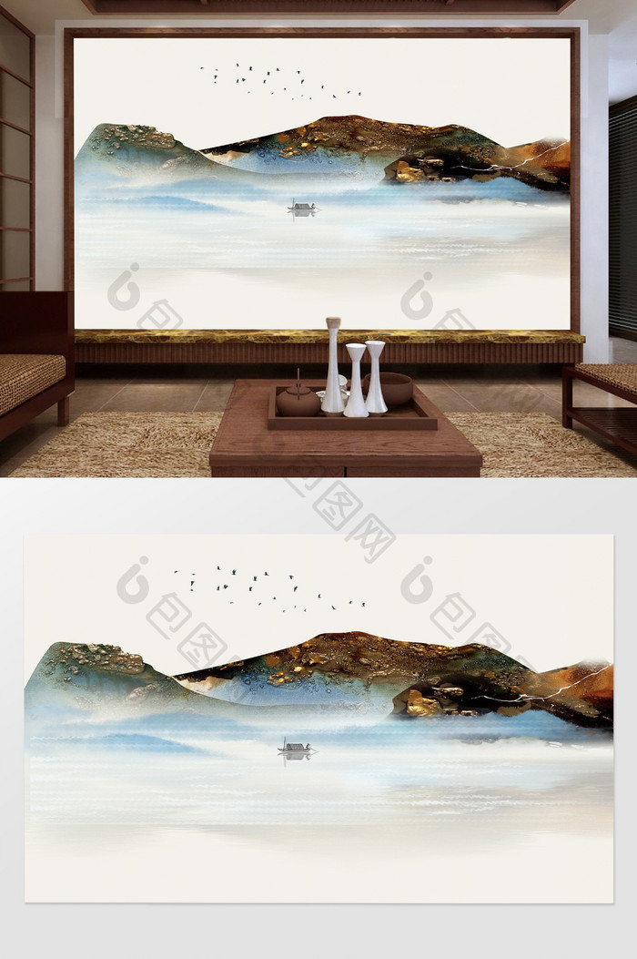 新中式抽象浮雕山水电视背景