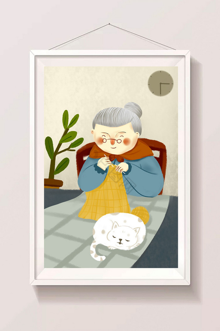 织毛衣老人和猫咪插画图片